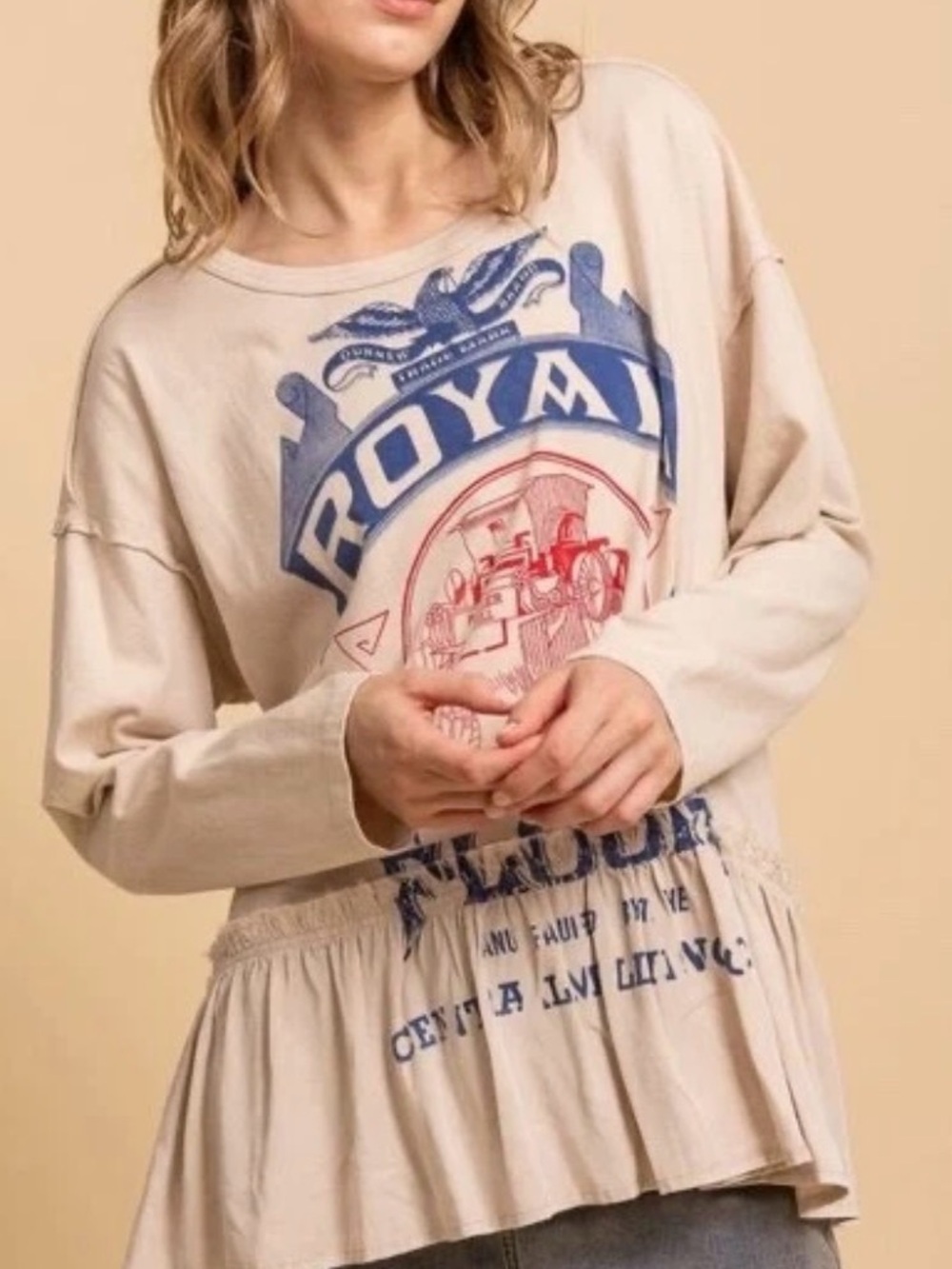 Blue Velvet Women’s Graphic Peplum Pullover - Cream with Blue & Red Print